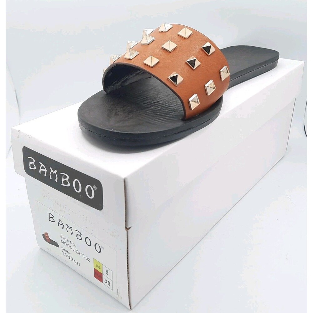 Bamboo Moonlight-02 Tan Cognac Studded Slip-On Slides Rockstud Flat Sandals Sz 8